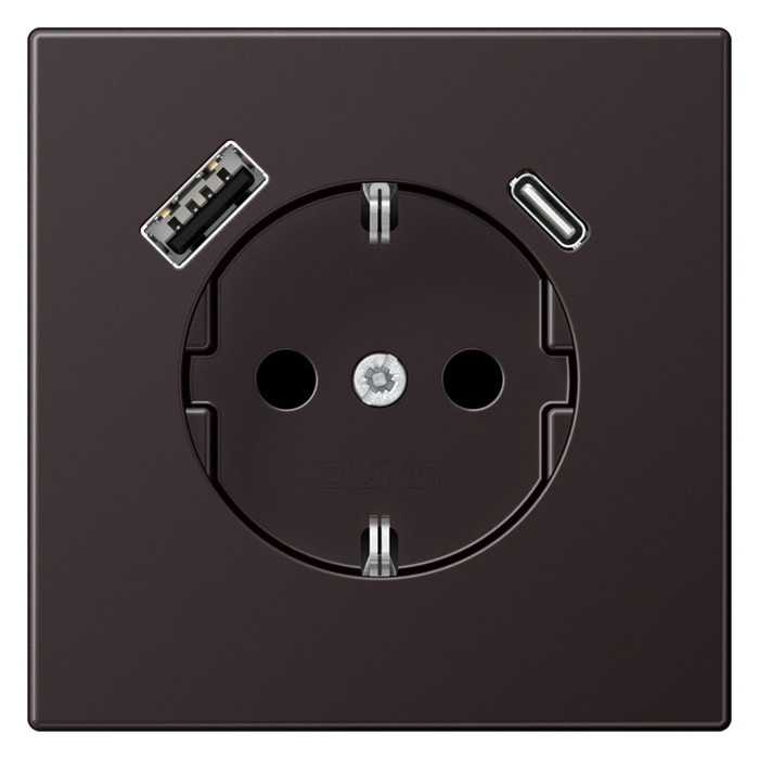 Розетка с USB Jung LS METAL, скрытый монтаж, с заземлением, алюминий темный, AL1520-15CAD-L