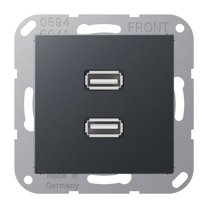 Розетка 2xUSB Jung A 500, скрытый монтаж, антрацит матовый, MAA1153ANM